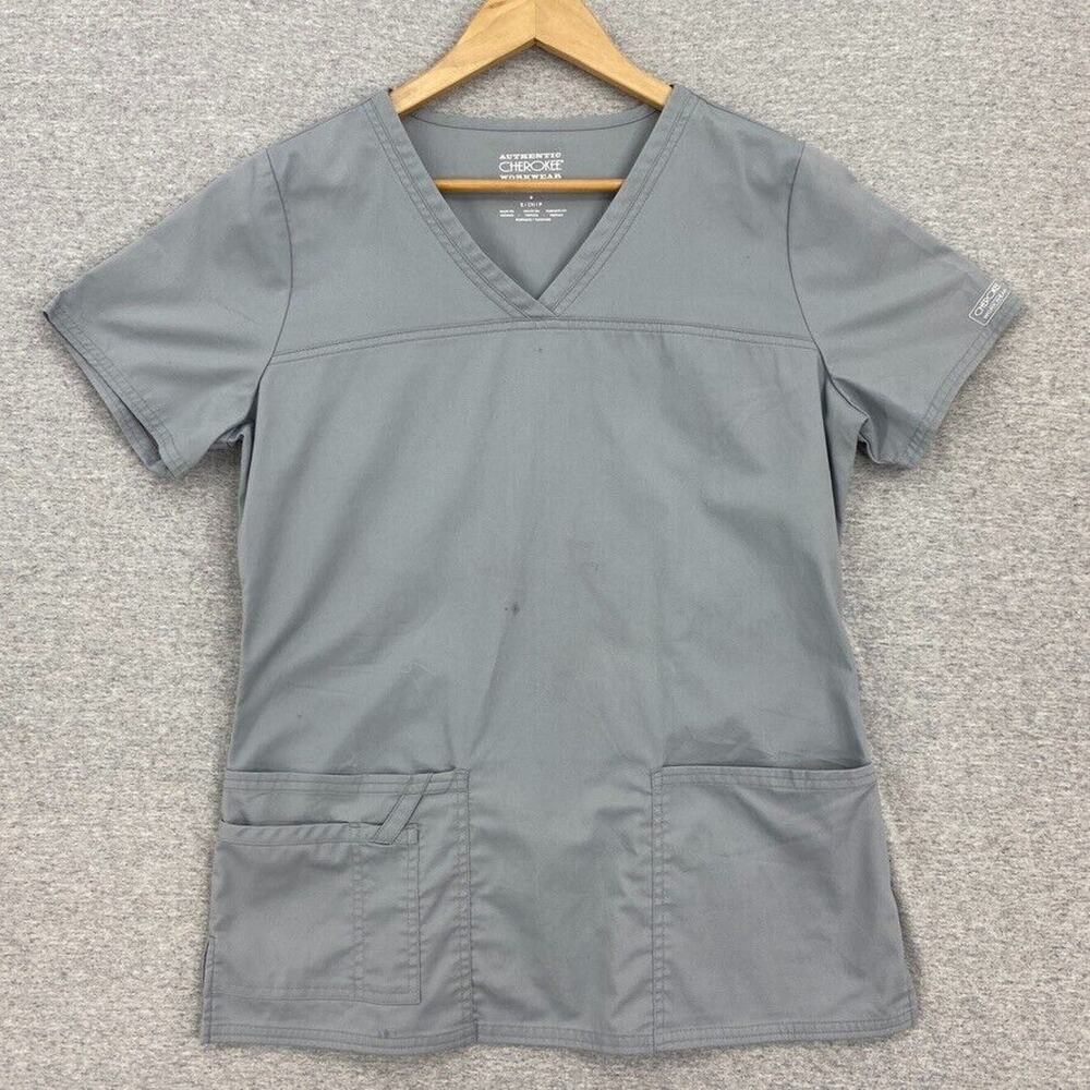 Cherokee Workwear Scrub Top Womens S Grey Nursing Medical Uniform Short Sleeve